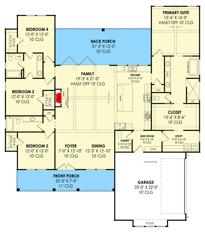 Plan 818017JSS: Charming 4-Bedroom Modern Farmhouse Plan with Vaulted Great Room - Floor Plan - Main Level - Country, Craftsman, Modern Farmhouse, New American, Ranch