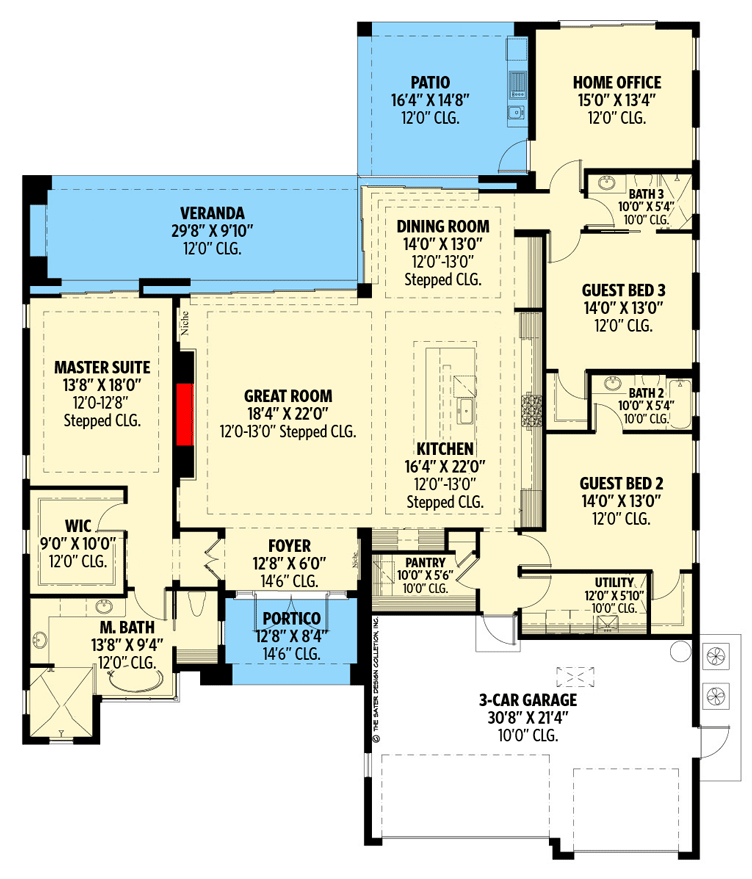 Plan 340105STR: Coastal Contemporary Home Plan with 3 Beds and Home Office - Floor Plan - Main Level - Coastal, Coastal Contemporary, Contemporary, European, Florida-Style, Mediterranean, Transitional, Vacation