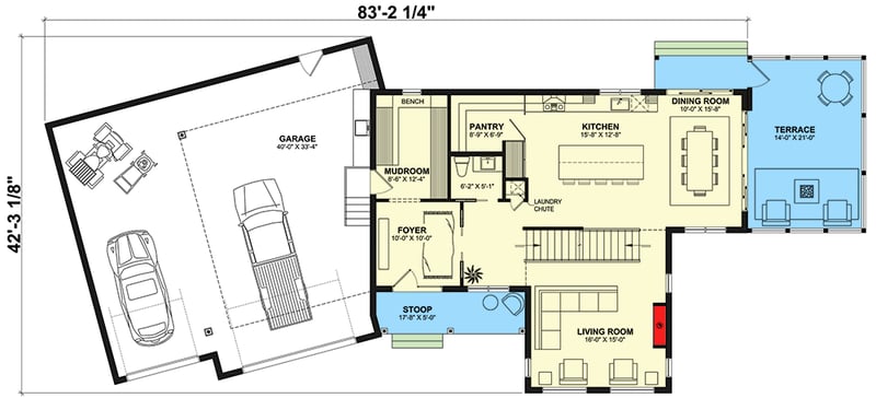 Plan 22643DR: Modern Farmhouse Plan with 2-Story Living Room and Finished Basement - Floor Plan - Main Level - Country, Modern Farmhouse, New American, Northwest, Traditional, Transitional