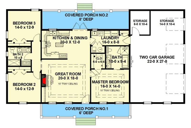 Plan 2544DH: One-Story New American Ranch with Porches Front and Back - 1615 Sq Ft - Floor Plan - Main Level - Cottage, Country, New American, Ranch, Southern
