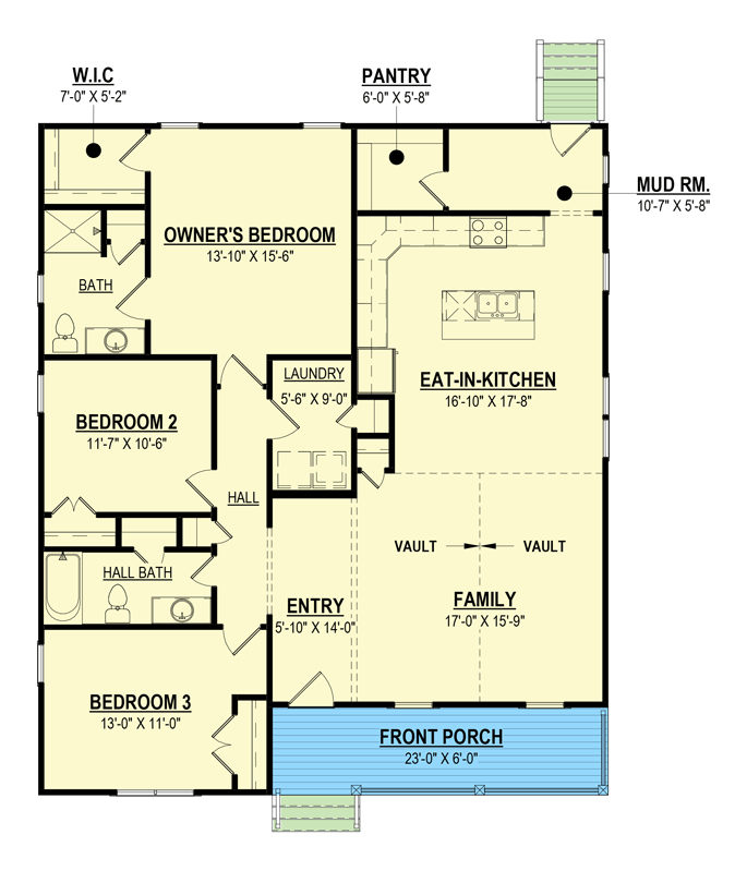 Plan 83622CRW: One-level Bungalow with 3 Bedrooms - 1656 Sq Ft - Floor Plan - Main Level - Bungalow, Cottage, Craftsman, New American, Shingle