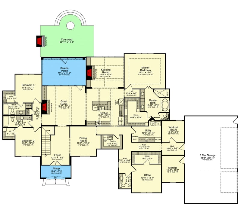 Plan 510227WDY: 4-Bed Southern Transitional House Plan with Screened Porch - Floor Plan - Main Level - Acadian, European, French Country, Louisiana-Style, Southern, Southern Traditional, Transitional