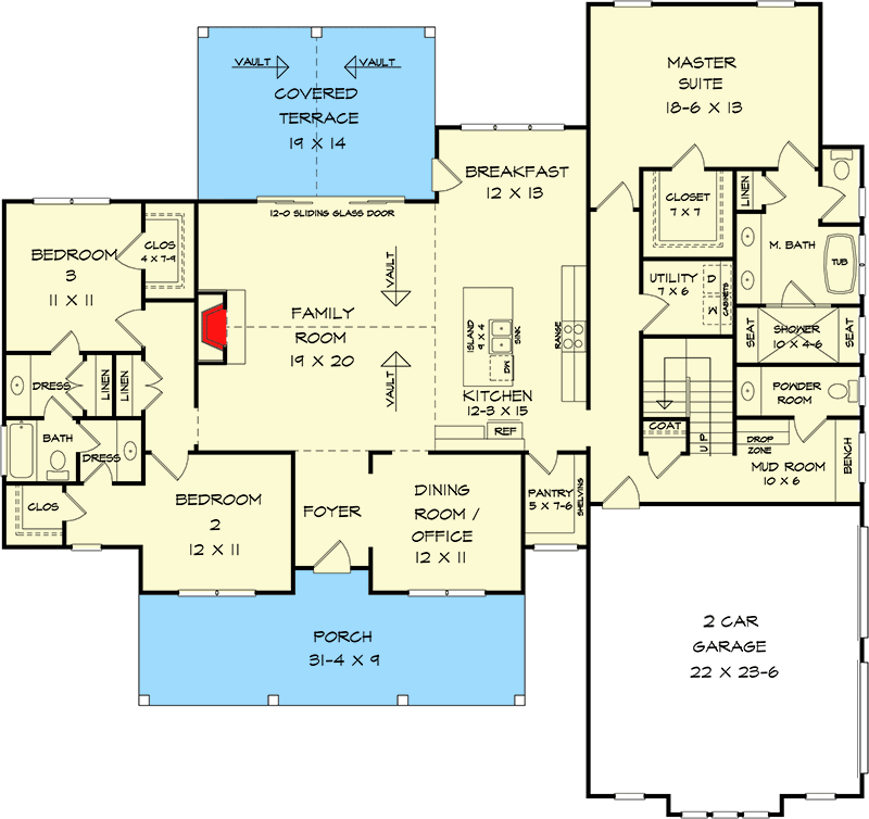 Plan 360108DK: Classic Country Home Plan with Vaulted Family Room and Private Master Suite - Floor Plan - Main Level - Country, Craftsman, New American, Traditional