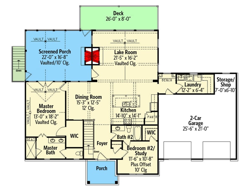 Plan 25776GE: New American House Plan with Lake Room Options - 2484 Sq Ft - Floor Plan - Main Level - Craftsman, New American, Ranch, Rustic