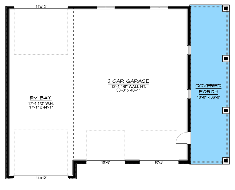 Plan 135176GRA: Detached Garage with Drive-through RV Bay and Covered SIde Porch - 2040 Sq Ft - Floor Plan - Main Level - Carriage, Country, Rustic, Traditional