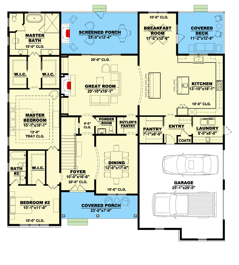 Plan 810006RBT: Traditional Country Home Plan with 2-Story Great Room and Screened Porch - Floor Plan - Main Level - Country, Craftsman, New American, Traditional