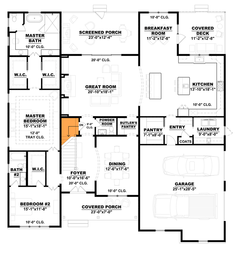 Plan 810006RBT: Traditional Country Home Plan with 2-Story Great Room and Screened Porch - Floor Plan - Basement Stairs Location - Country, Craftsman, New American, Traditional