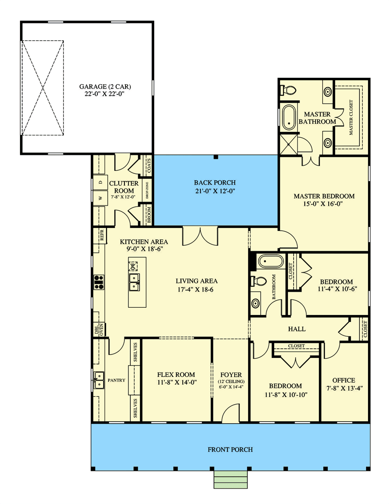 Plan 521020TTL: Southern Country House Plan with Two Porches and a Home Office - Floor Plan - Main Level - Cottage, Country, Southern, Southern Traditional, Traditional