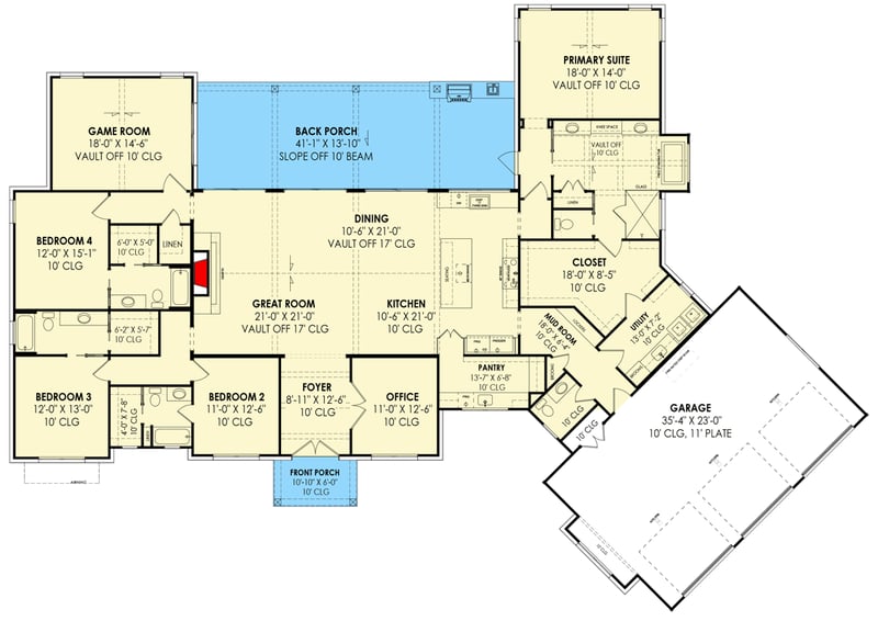 Plan 818022JSS: Rustic Hill Country Home Plan with Angled Garage and Game Room - 3609 Sq Ft - Floor Plan - Main Level - Craftsman, Farmhouse, Hill Country, Modern Farmhouse, New American, Ranch, Rustic