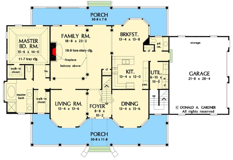 Plan 444331GDN: 4-Bed Twin-Gabled Farmhouse with 50'-Wide Porches Front and Back - Floor Plan - Main Level - Country, Farmhouse, Modern Farmhouse, New American, Traditional