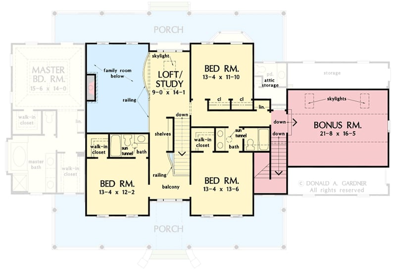 Plan 444331GDN: 4-Bed Twin-Gabled Farmhouse with 50'-Wide Porches Front and Back - Floor Plan - 2nd Floor w/ Optionally Finished Bonus Room - Country, Farmhouse, Modern Farmhouse, New American, Traditional