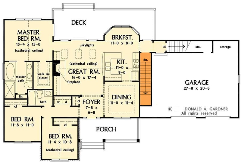 Plan 444333GDN: 1511 Square Foot One-story Craftsman Home Plan with 3 Bedrooms - Floor Plan - Main Level - Basement Stairs Location - Craftsman, Ranch, Traditional