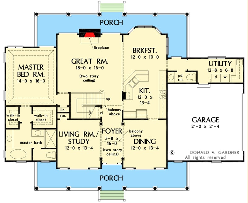 Plan 444337GDN: Traditional Country Home Plan with Matching Front and Rear Porches - Floor Plan - Main Level - Country, Farmhouse, Traditional