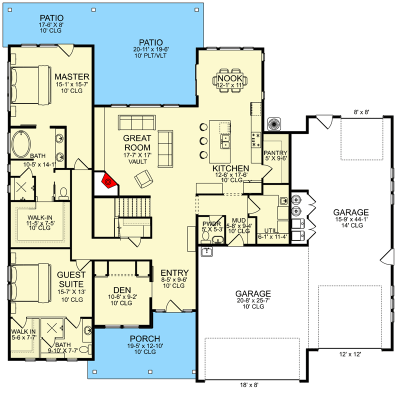 Plan 580015DFT: 4-Bed Modern Farmhouse Plan with RV Garage and Main-floor Master - Floor Plan - Main Level - Craftsman, Farmhouse, Modern Farmhouse, New American, Traditional