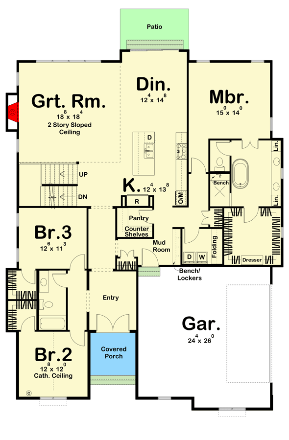 Plan 623132DJ: 5 Bed 1.5 Story House Plan with Hidden Fun Room Upstairs - Floor Plan - Main Level - Country, New American, Traditional