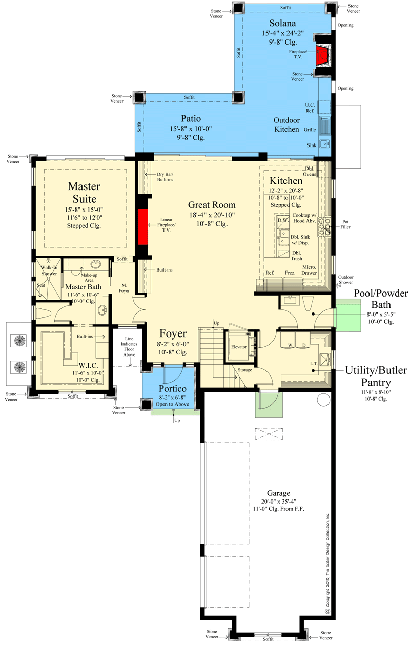 Plan 340106STR: Elevator-friendly Contemporary Mediterranean-style House Plan with 4 Bedroom Suites - Floor Plan - Main Level - European, Florida-Style, Mediterranean, Transitional