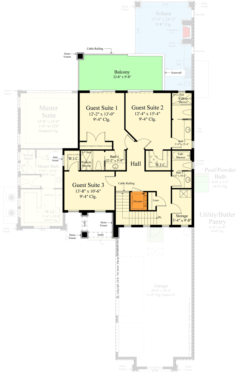 Plan 340106STR: Elevator-friendly Contemporary Mediterranean-style House Plan with 4 Bedroom Suites - Floor Plan - 2nd Floor - European, Florida-Style, Mediterranean, Transitional