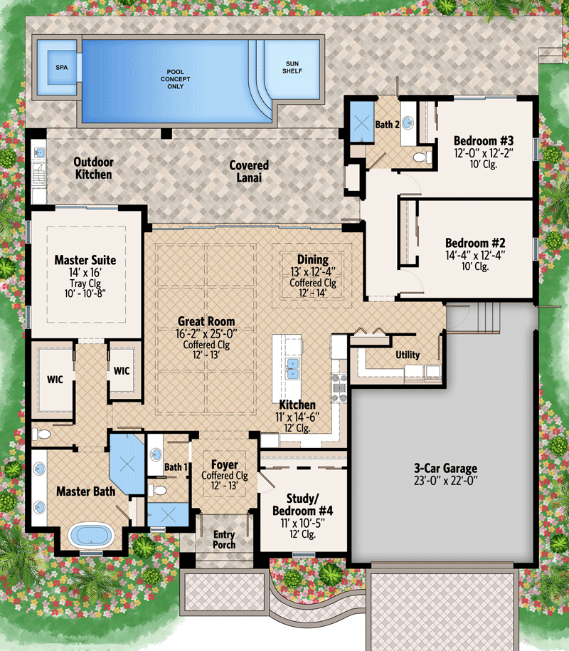 Plan 660000JMD: One-story Contemporary with Home Office or Fourth Bedroom - Floor Plan - Main Level - Coastal, Florida-Style, New American, Ranch, Southern