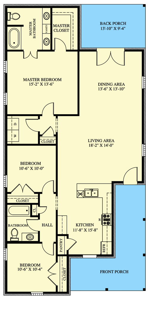 Plan 521022TTL: 1541 Square Foot 3-Bed Southern Cottage with L-Shaped Front Porch - Floor Plan - Main Level - Acadian, Bungalow, Cottage, Country, Louisiana-Style, Southern, Southern Traditional