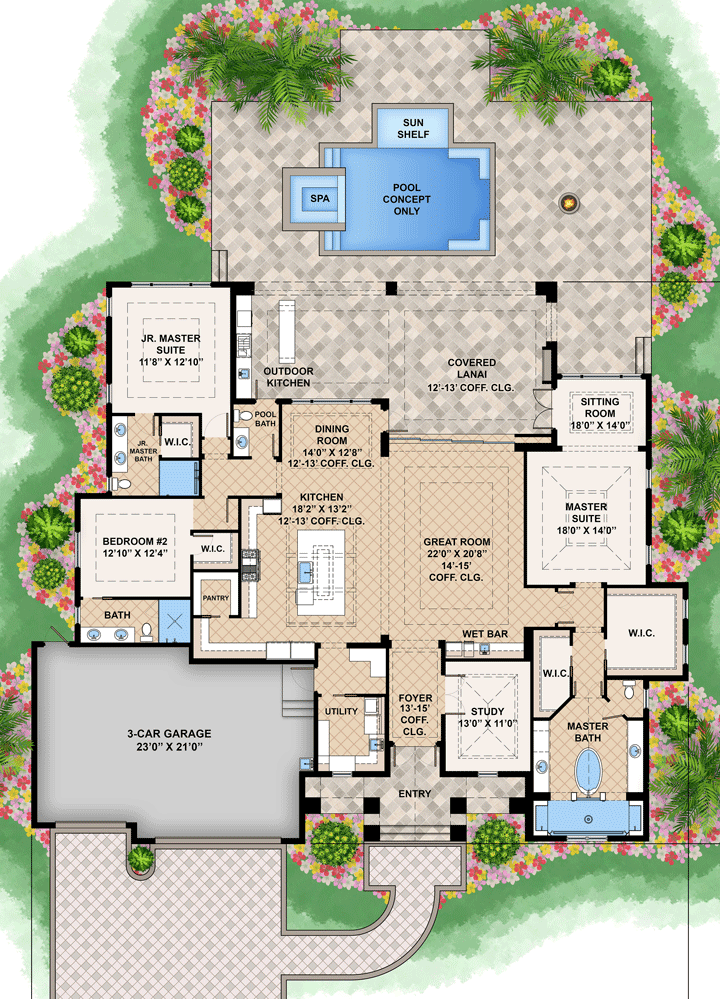 Plan 660002JMD: Contemporary Ranch Home Plan with Master Sitting Room with Covered Lanai Access - Floor Plan - Main Level - Coastal, Florida-Style, New American, Ranch