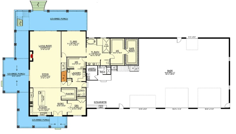 Plan 135184GRA: Barndo-Style House Plan with Massive 4-Car Garage with 2 Lofts - 4601 Sq Ft - Floor Plan - Main Level - Barndominium, Country, Rustic, Traditional