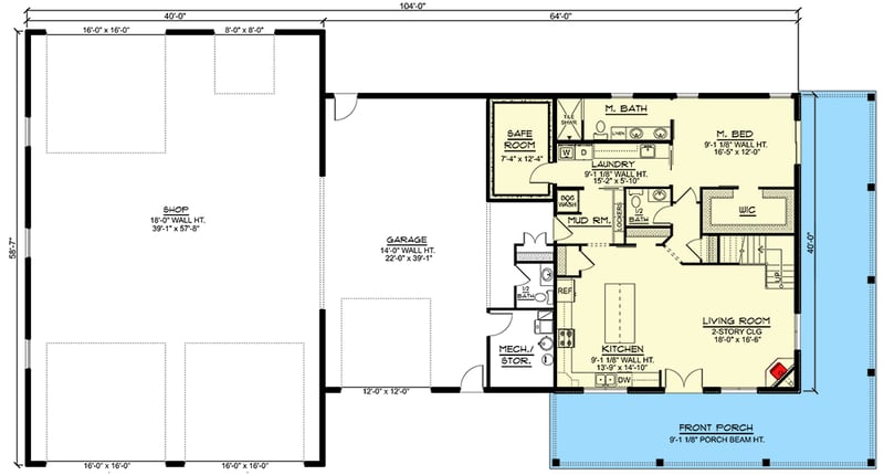 Plan 135185GRA: Farmhouse-Inspired Barndominium House Plan with Massive 3,602 Square Foot Garage - Floor Plan - Main Level