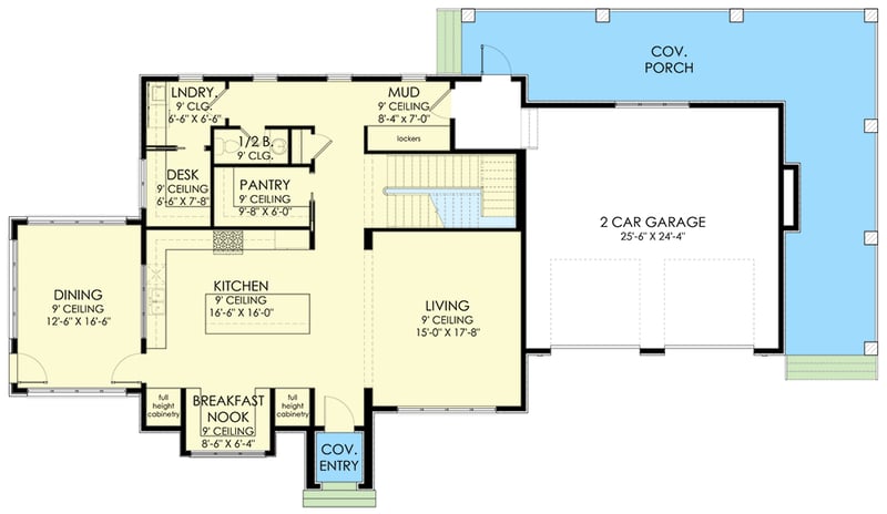 Plan 490054NAH: 4 Bed Transitional House Plan with Upstairs Master Suite with Fireplace - Floor Plan - Main Level - European, Traditional, Transitional
