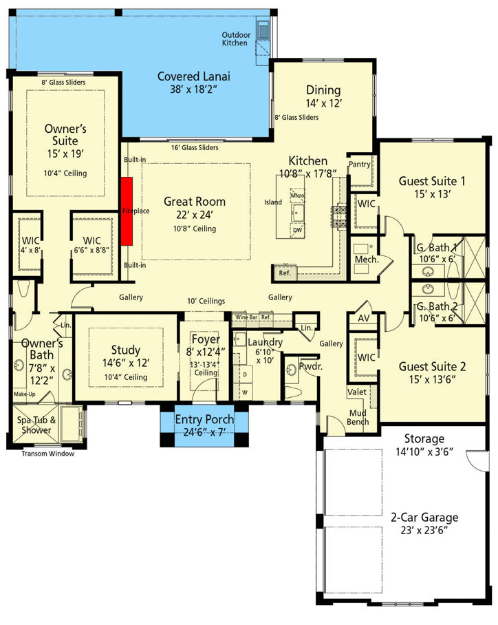 Plan 33248ZR: 3-Bed 3000 Square Foot Contemporary Craftsman Home Plan with Covered Lanai - Floor Plan - Main Level - Country, Craftsman, New American, Ranch, Southern, Transitional