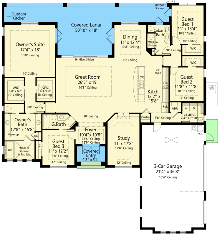 Plan 33249ZR: 4-Bed Contemporary Coastal One-Story House Plan Just under 3000 Sq Ft - Floor Plan - Main Level - Coastal Contemporary, Contemporary, Ranch, Southern, Transitional