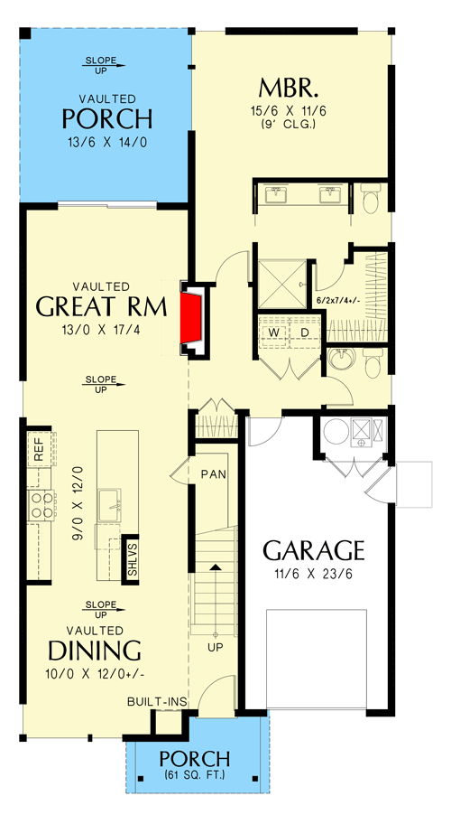 Plan 69308AM: 4-Bed Modern Home Plan for Narrow Lot - 1864 Sq Ft - Floor Plan - Main Level - Mid Century Modern, Modern, Northwest