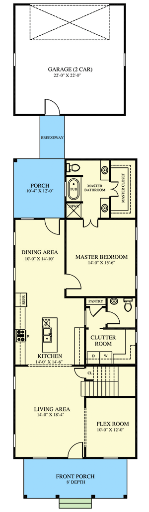 Plan 521025TTL: Narrow 4-Bed Home Plan with Rear 2-Car Garage - Floor Plan - Main Level - Colonial, Southern, Southern Traditional, Traditional