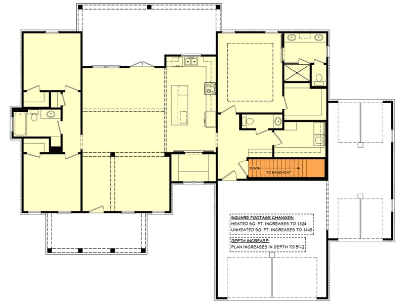 Plan 51925HZ: Single Story Country Farmhouse Plan with 3-Beds and an Expanded Garage - 1797 Sq Ft - Floor Plan - Main Level - Basement Stair Location - Cottage, Country, Farmhouse, Modern Farmhouse, Ranch, Traditional