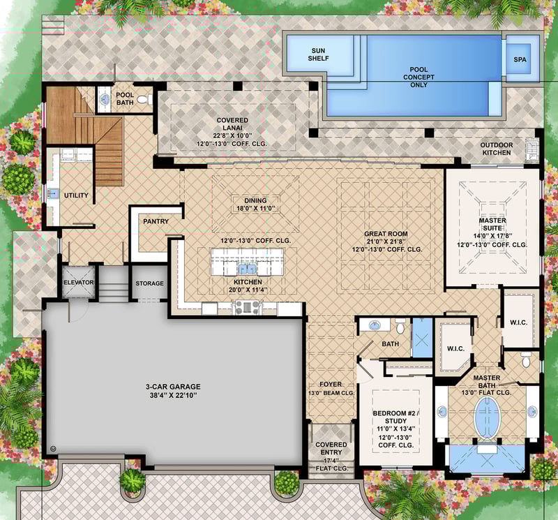 Plan 660012JMD: 5 Bed Modern Transitional-Style House Plan with 30' Disappearing Sliders - Floor Plan - Main Level - Florida-Style, Mediterranean