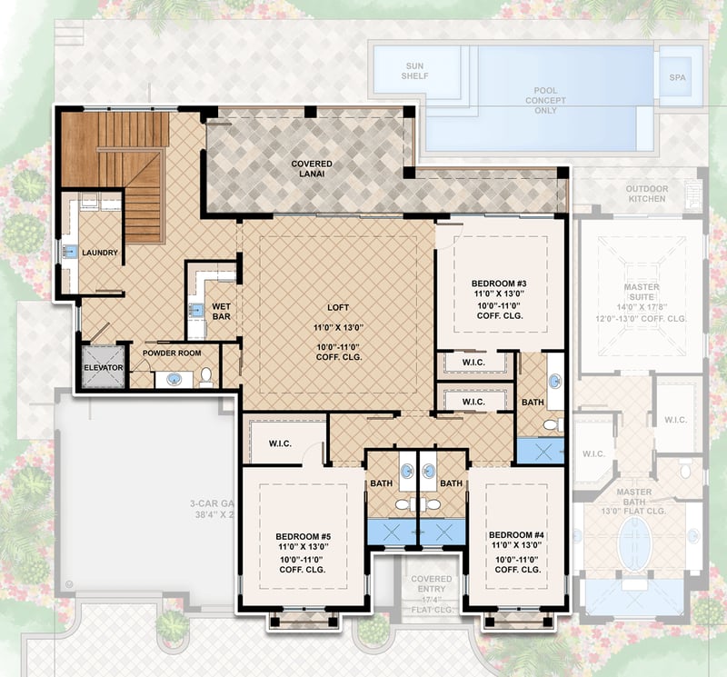 Plan 660012JMD: 5 Bed Modern Transitional-Style House Plan with 30' Disappearing Sliders - Floor Plan - 2nd Floor - Florida-Style, Mediterranean