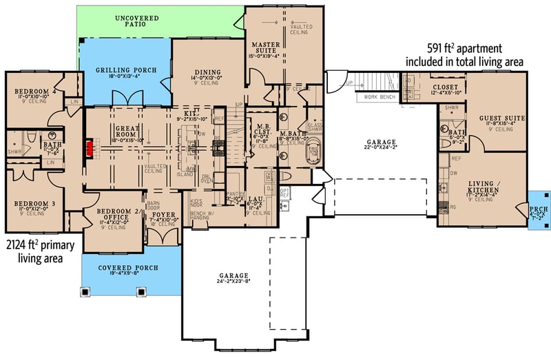 Plan 70790MK: 4-Bed Modern Farmhouse Plan with Attached Apartment - 2124 Sq Ft and 591 Sq Ft - Floor Plan - Main Level - Country, Craftsman, Farmhouse, Modern Farmhouse, Traditional
