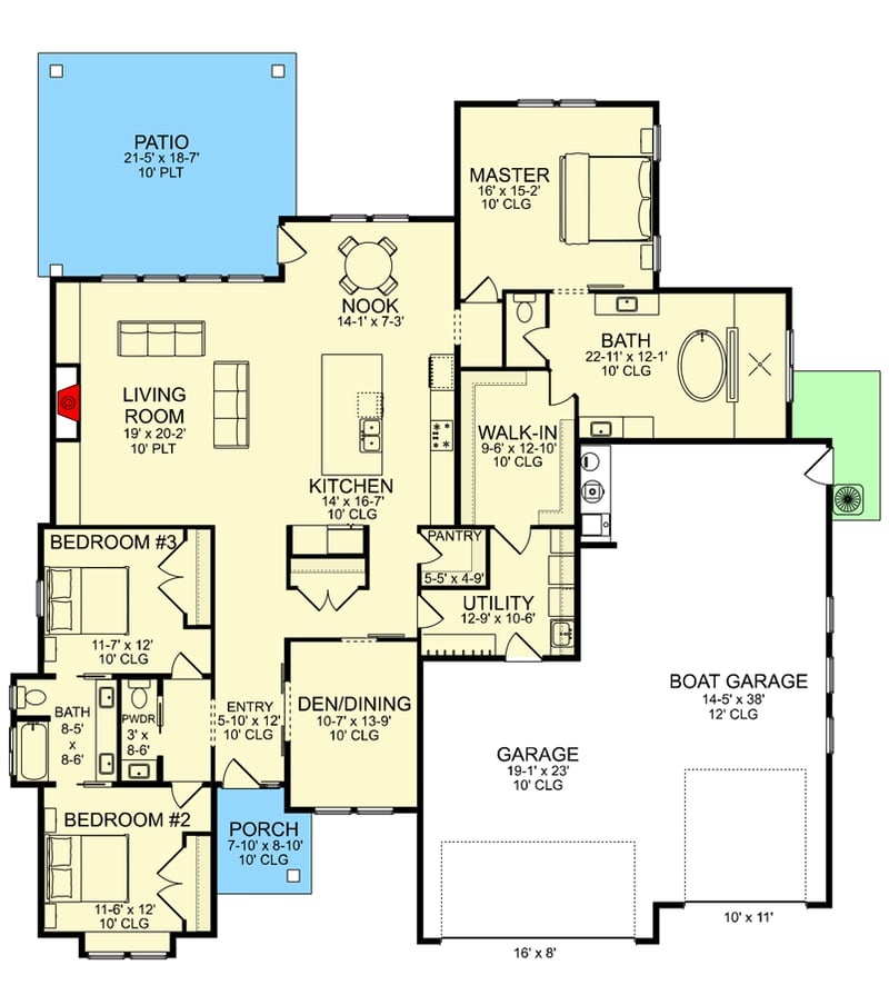 Plan 580060DFT: Split-bed Craftsman Ranch Plan with Boat Storage and Covered Patio - Floor Plan - Main Level - Country, Craftsman, New American, Ranch