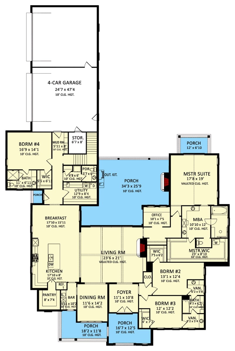 Plan 510229WDY: 4-Bed Modern Farmhouse Just Under 4000 Square Feet with Expansion Possibilities - Floor Plan - Main Level - Country, Craftsman, Modern Farmhouse, New American, Southern, Traditional