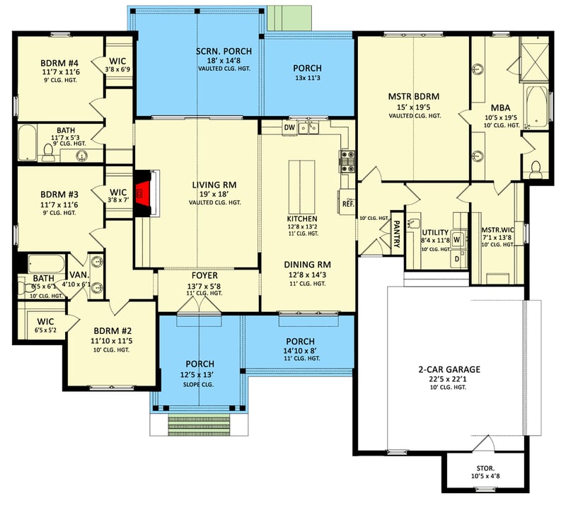 Plan 510230WDY: 2400 Square Foot 4 Bed Modern Craftsman House Plan - Floor Plan - Main Level - Country, Craftsman, Ranch, Rustic, Traditional