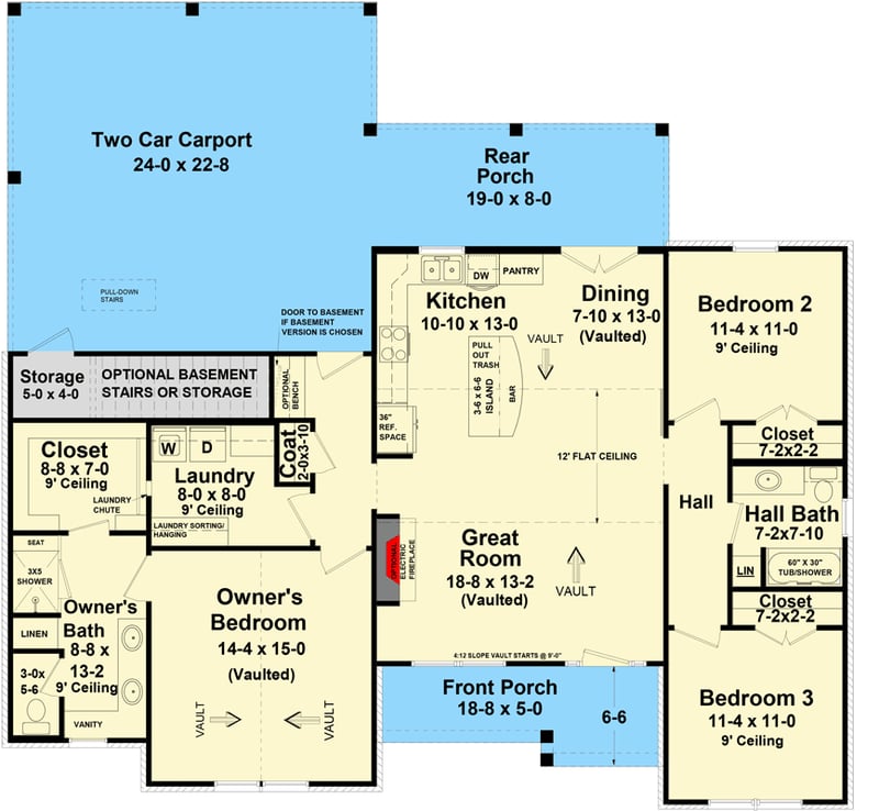 Plan 51204MM: 3-Bed 1500 Square Foot Country Ranch Home Plan with 2-Car Carport in Back - Floor Plan - Main Level - Country, Ranch, Traditional