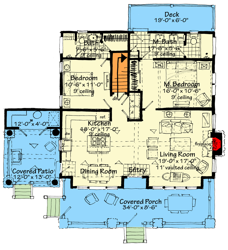 Plan 12973KN: Expanded Rustic Retreat with Covered Patio and Lower Level Bunk Room - Floor Plan - Main Level - Cottage, Country, Craftsman, Mountain, New American, Ranch, Rustic, Traditional