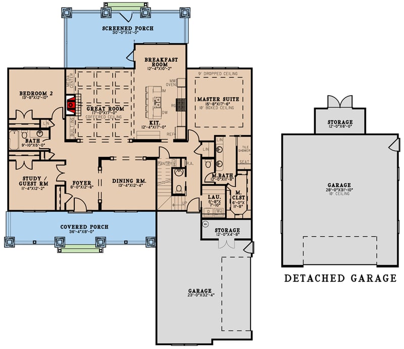 Plan 70794MK: 2800 Square Foot Country Home Plan with 2-Car Detached Garage - Floor Plan - Main Level - Cape Cod, Country, Craftsman, Farmhouse, Modern Farmhouse, Traditional