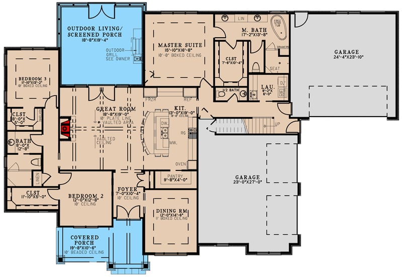 Plan 70795MK: 3-Bed Rustic Home Plan with 4-Car Garage and Expansion to Fourth Bedroom - 2340 Sq Ft - Floor Plan - Main Level - Country, Craftsman, European, Hill Country, Ranch, Southern