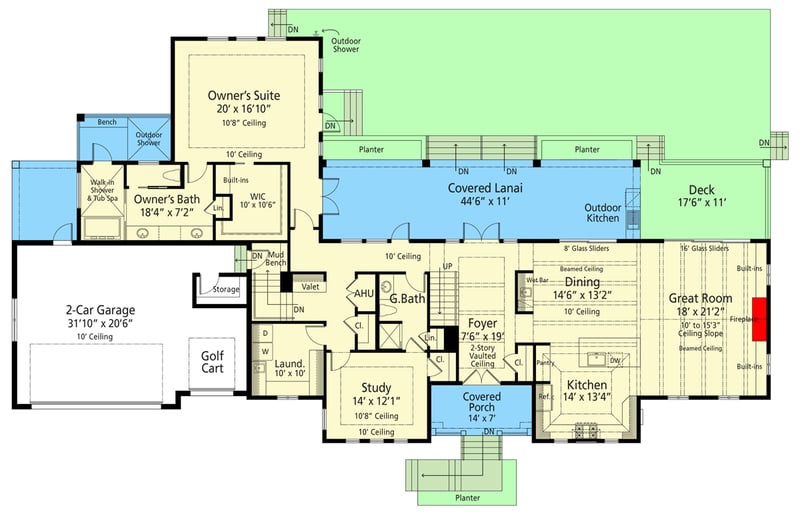 Plan 33251ZR: 4 Bed Coastal Style House Plan Under 3500 Square Feet with Covered Lanai - Floor Plan - Main Level - Coastal, Craftsman, Florida-Style, Low Country, New American