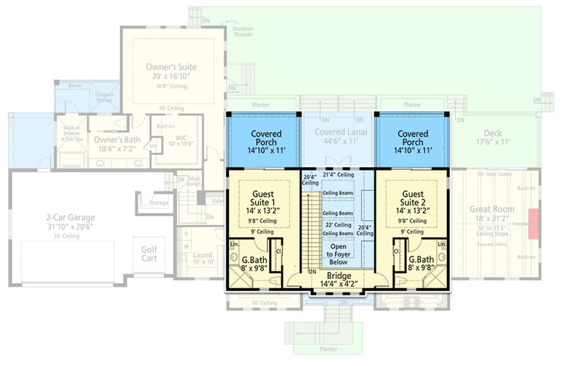 Plan 33251ZR: 4 Bed Coastal Style House Plan Under 3500 Square Feet with Covered Lanai - Floor Plan - 2nd Floor - Coastal, Craftsman, Florida-Style, Low Country, New American