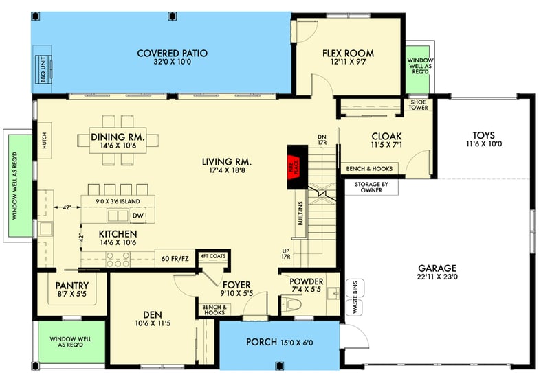 Plan 677027NWL: Modern Farmhouse House Plan: 5 Beds, Upstairs Laundry, Open-Concept Living - Floor Plan - Main Level - Country, Farmhouse, Modern Farmhouse, New American