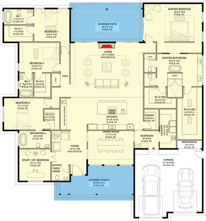 Plan 311037RMZ: 4100 Square Foot Modern Farmhouse Ranch with Large Dining Room - Floor Plan - Main Level - Country, Craftsman, Hill Country, Modern Farmhouse, Ranch, Transitional