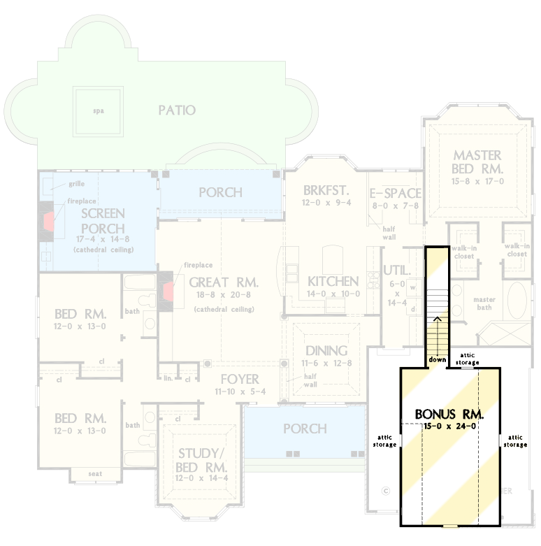 Plan 444361GDN: One-story Craftsman Ranch Home Plan Under 2500 Square Feet with Bonus Expansion - Floor Plan - Bonus Level - Craftsman, New American, Ranch
