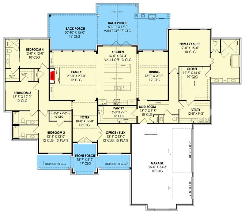 Plan 818027JSS: Transitional 3600 Square Foot One-Level House Plan with Split-Bed Layout - Floor Plan - Main Level - Country, European, Hill Country, Modern Farmhouse, New American, Traditional, Transitional