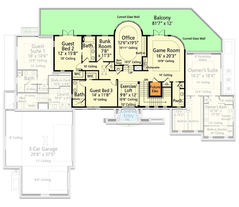 Plan 33252ZR: Mission Style Villa with 5 Bedrooms Plus Bunkroom, Game Room and Oval Office - Floor Plan - 2nd Floor - European, Mediterranean, Transitional
