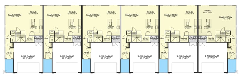 Plan 61391UT: 6-Family House Plan with Matching 2110 Square Foot 3-Bed, 2.5 Bath Units - Floor Plan - Main Level (All-Unit View) - Craftsman, New American, Traditional